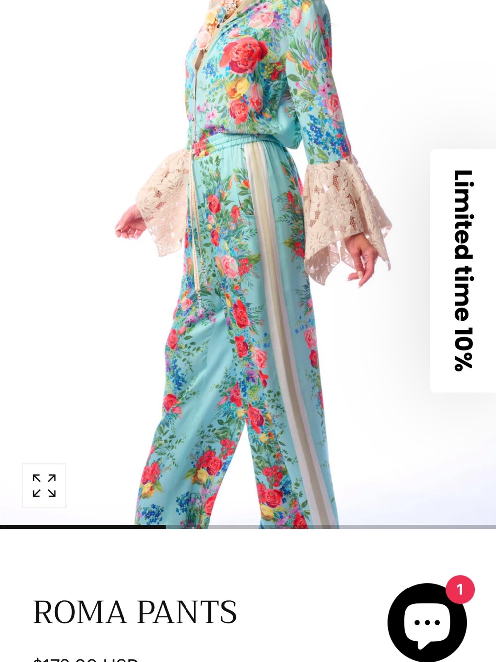 NWT Aratta Silent Journey ROMA Floral Wide-Leg Pants - Aqua Floral - Picture 3 of 16